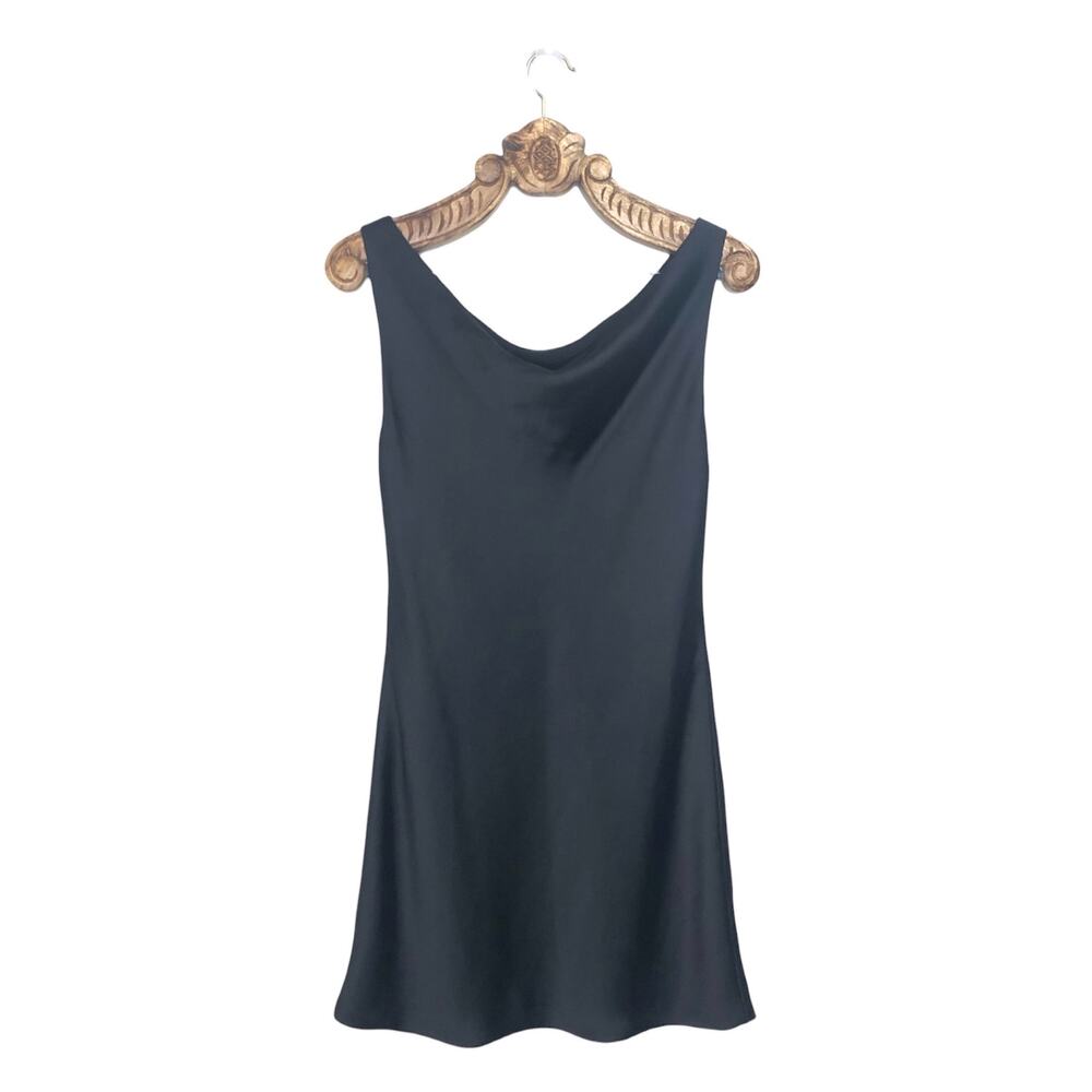 Norma Kamali Maria Cowl Neck Mini Dress Black Slinky Satin Slip Medium